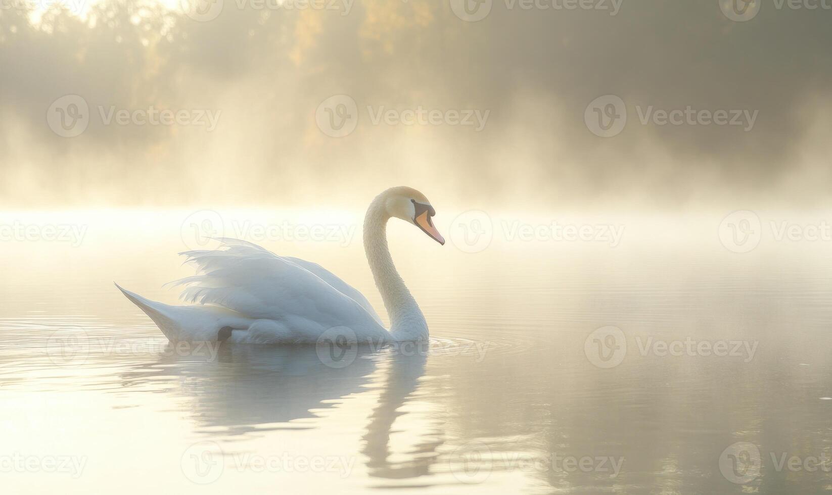 Graceful white swan floating on a misty lake, soft morning light illuminating the scene photo
