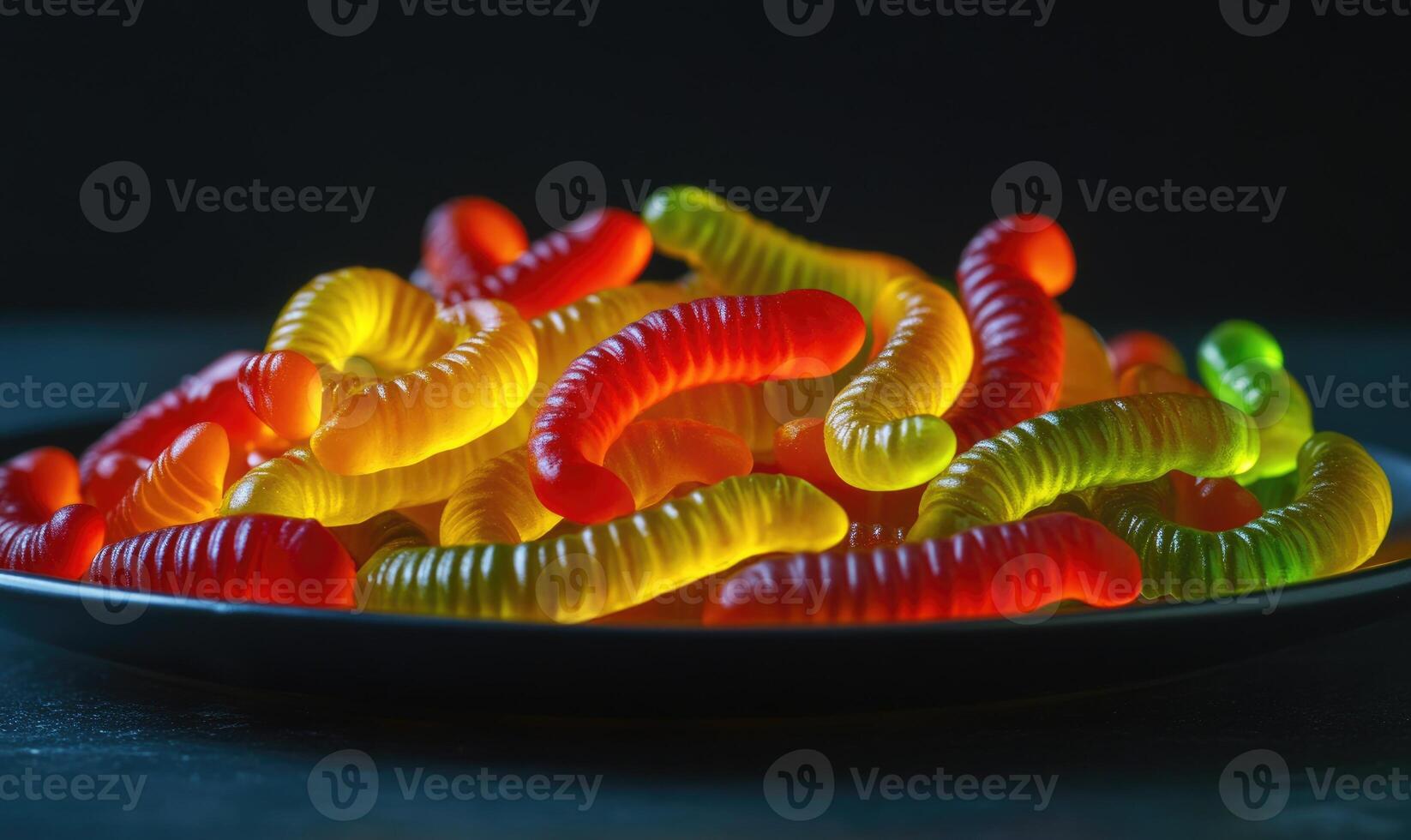 Gummy worms arranged in a spooky pattern, resting on a dark plate photo