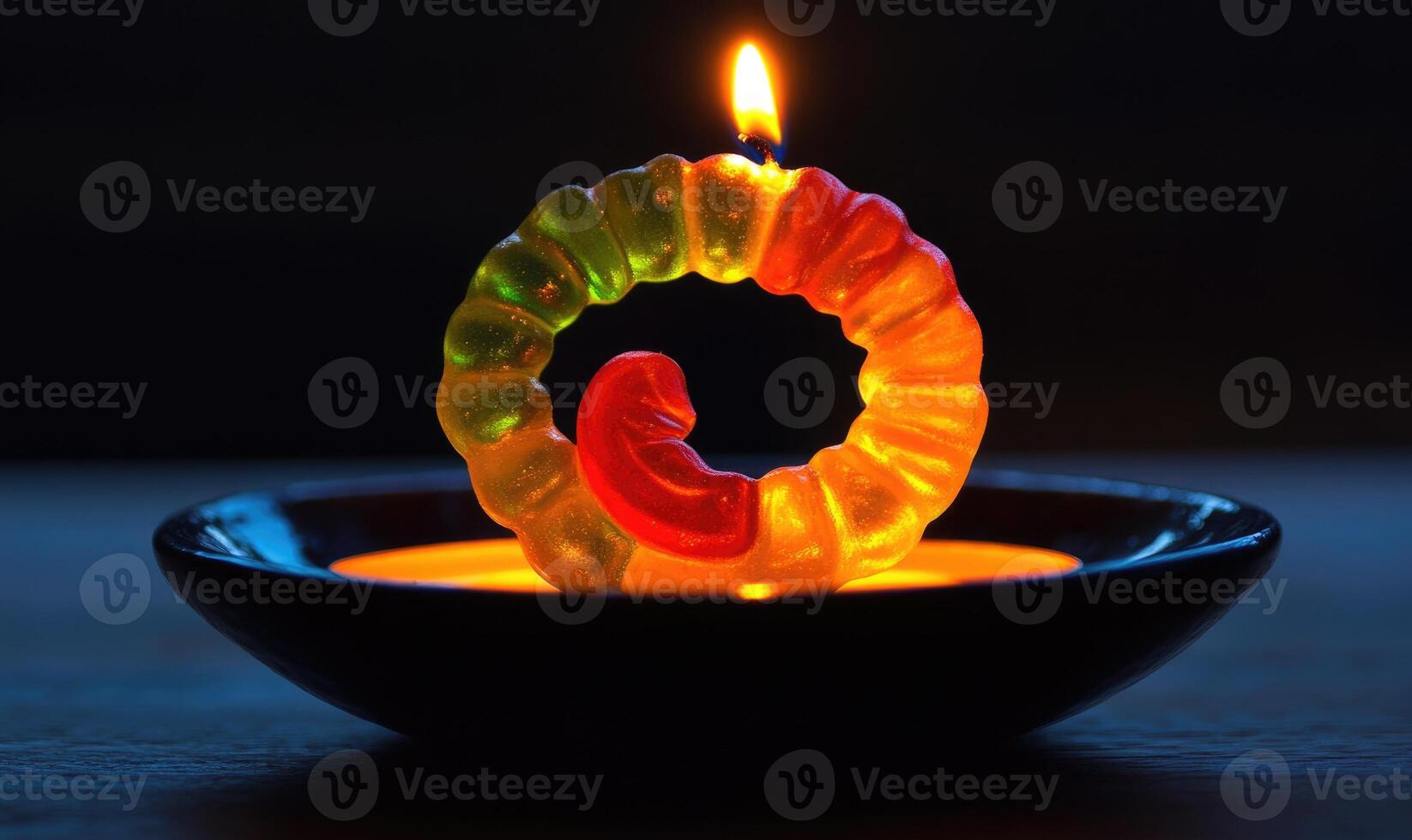 Gummy worms arranged in a spooky spiral, placed in a dark dish photo