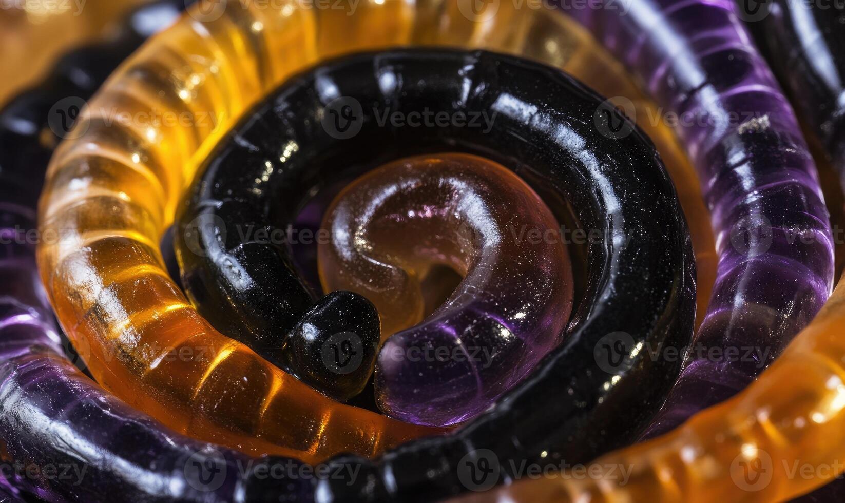 Gummy worms in black, orange, and purple colors photo
