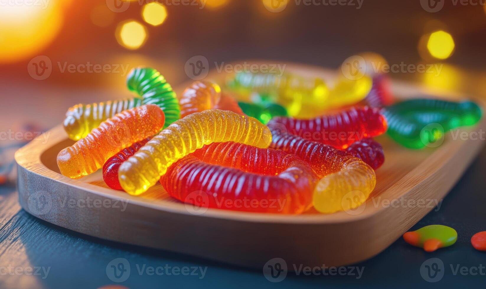 Gummy worms in glowing Halloween colors, placed on a wooden tray photo