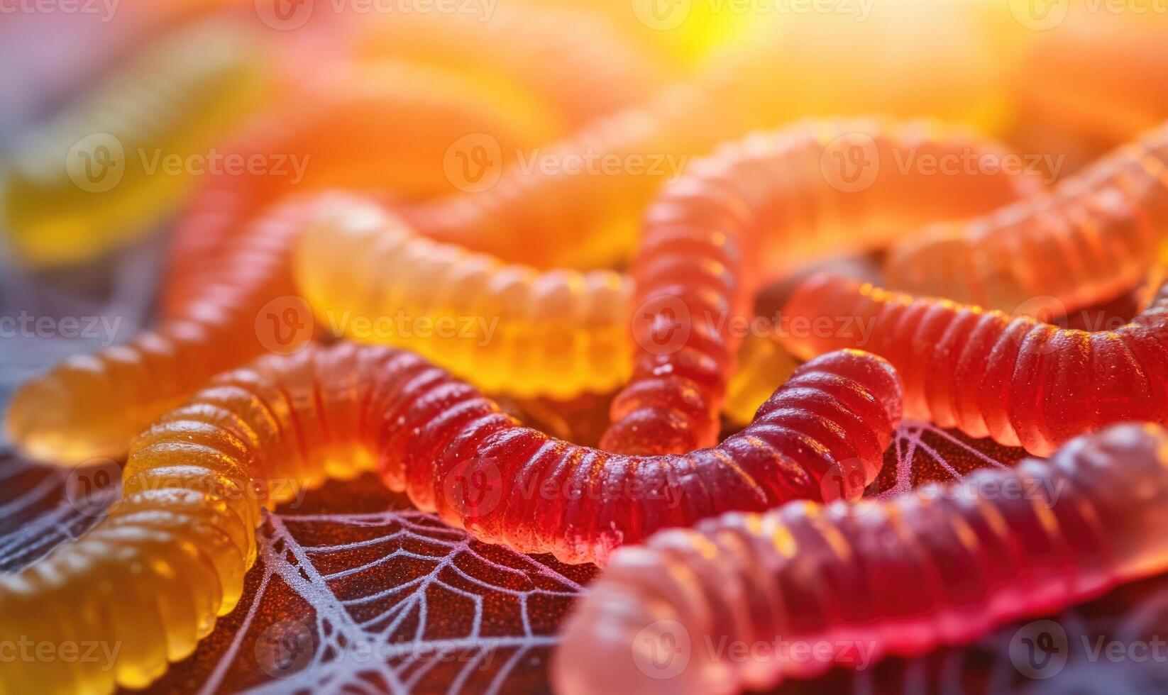 Gummy worms in Halloween colors, scattered on a spiderweb-printed napkin photo