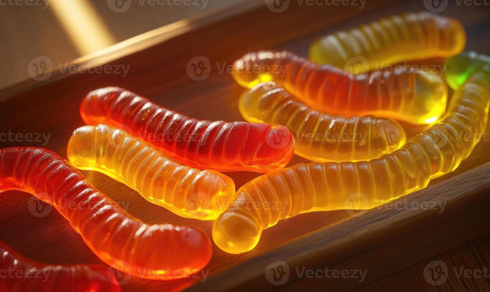 Gummy worms in glowing Halloween colors, placed on a wooden tray photo