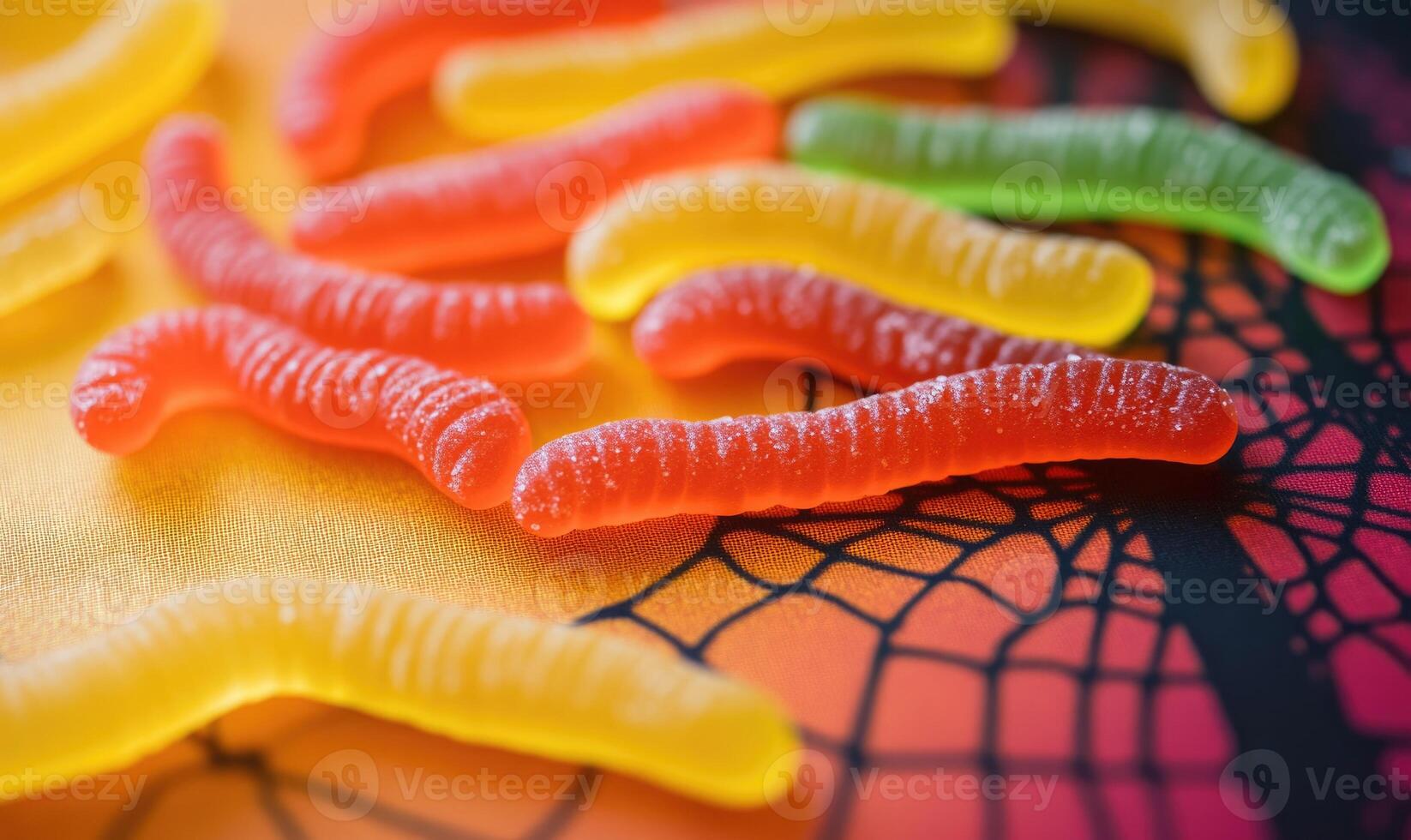 Gummy worms in Halloween colors, scattered on a spiderweb-printed napkin photo