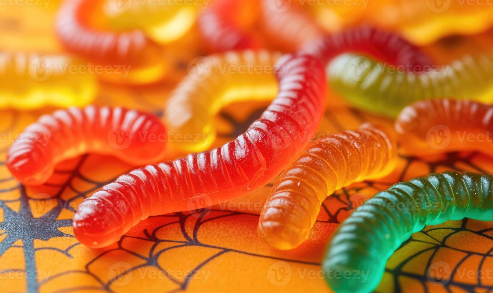 Gummy worms in Halloween colors, scattered on a spiderweb-printed napkin photo