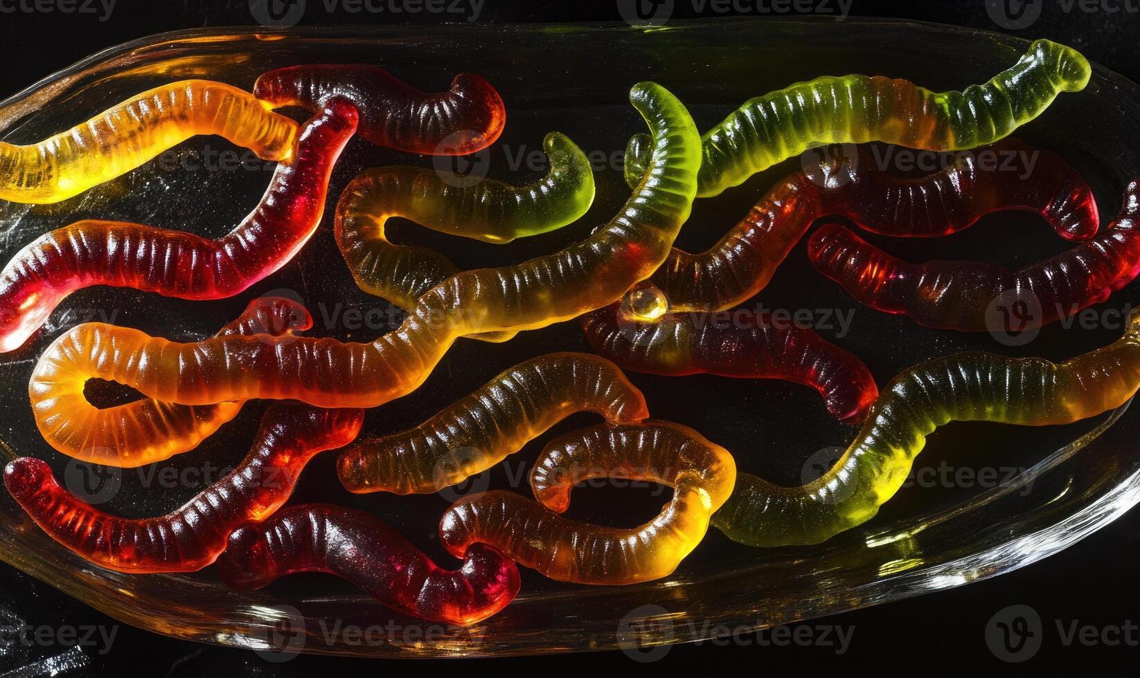 Gummy worms arranged in a spooky pattern, resting on a dark plate photo