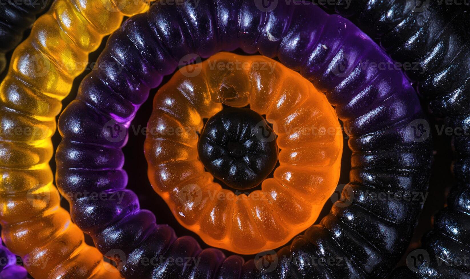 Gummy worms in black, orange, and purple colors photo