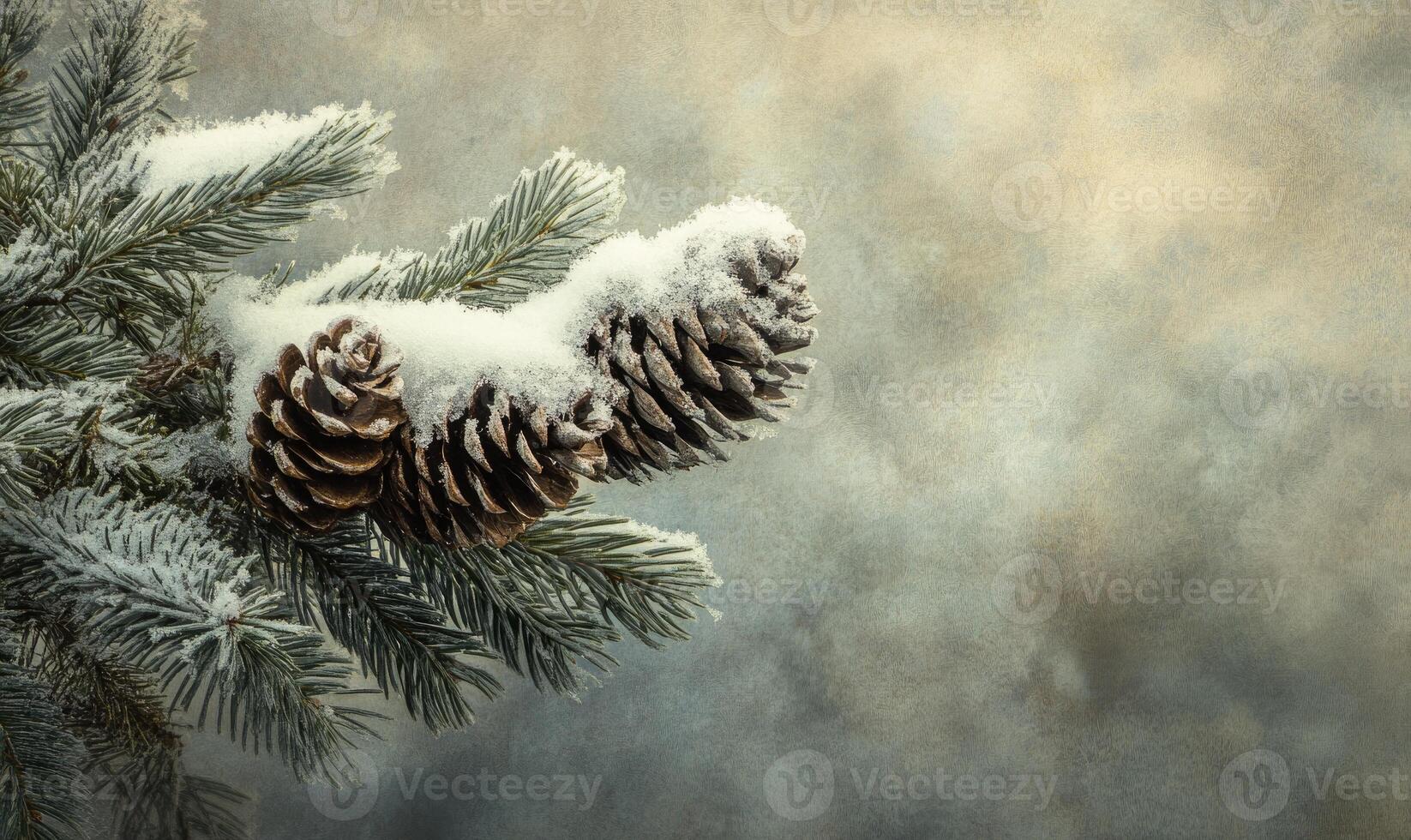 Frosted conifer tips, snow resting gently, cold breath photo