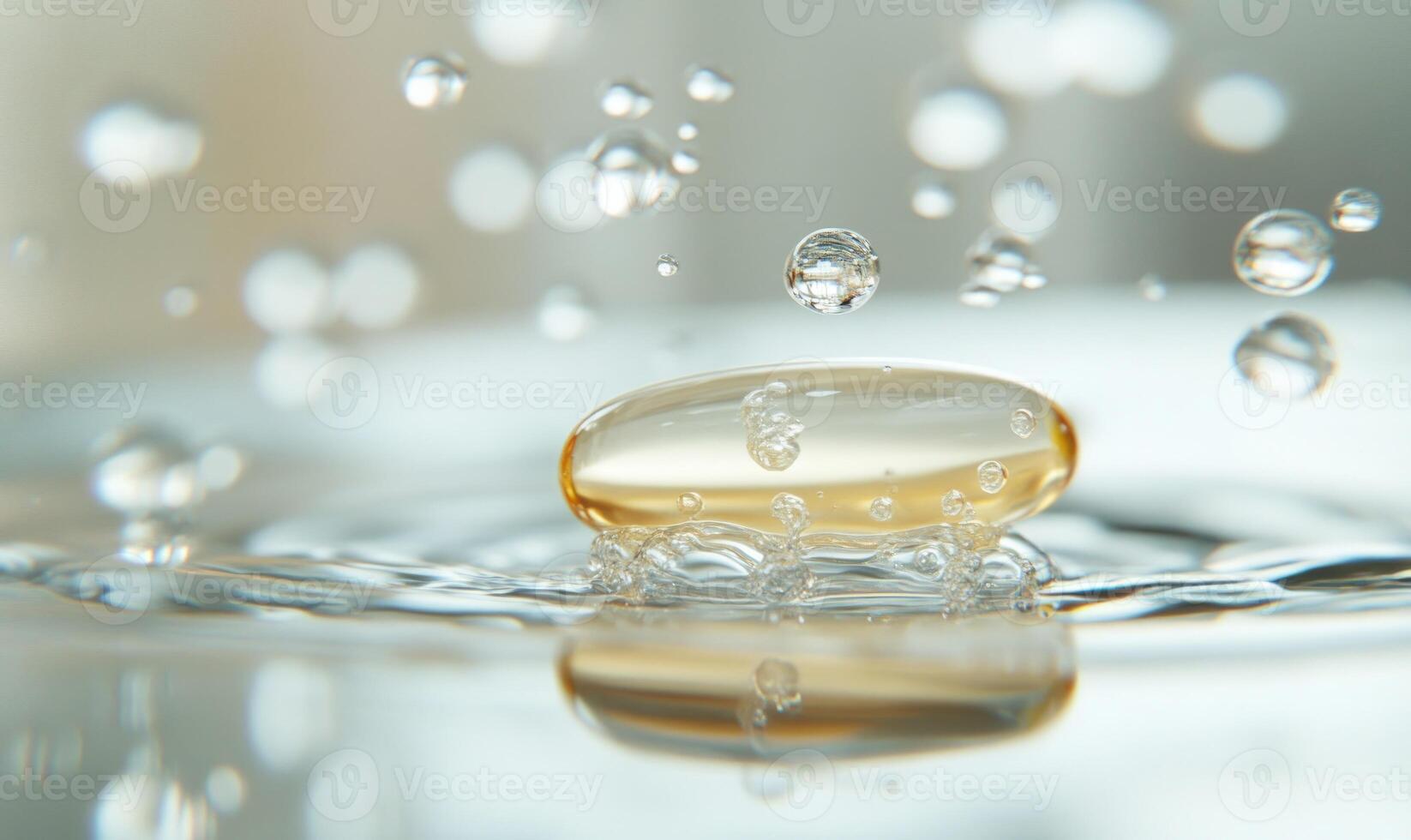 Close-up view of a dissolving pill, effervescence, clear water photo