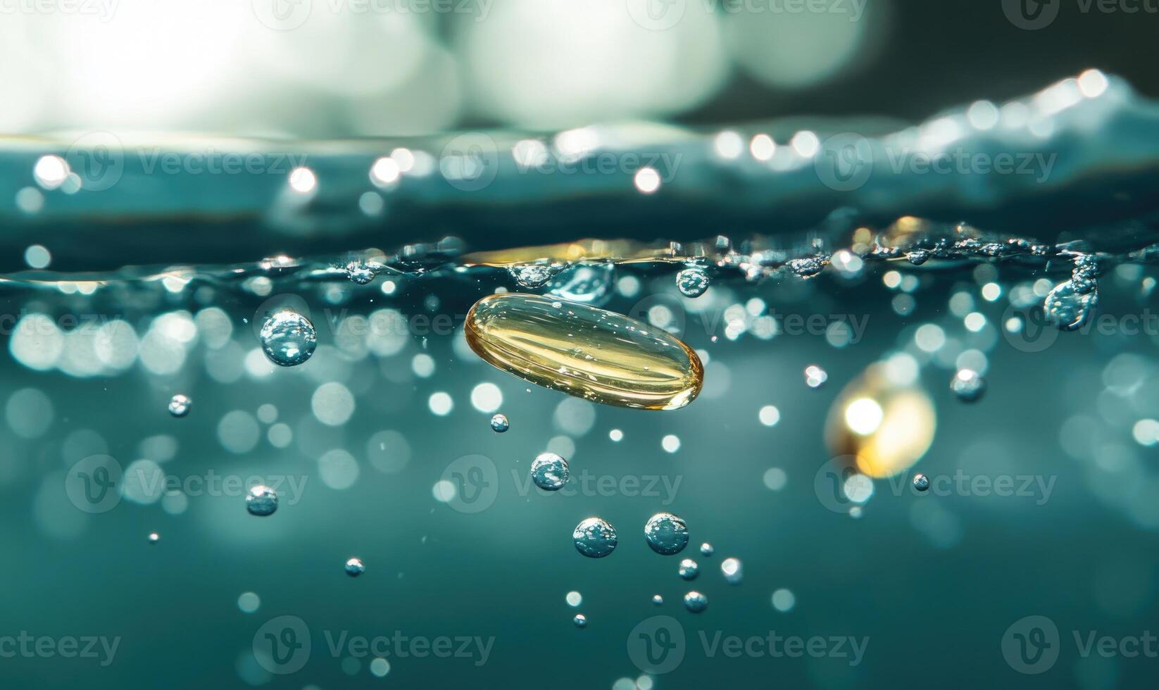 Close-up view of a dissolving pill, effervescence, clear water photo