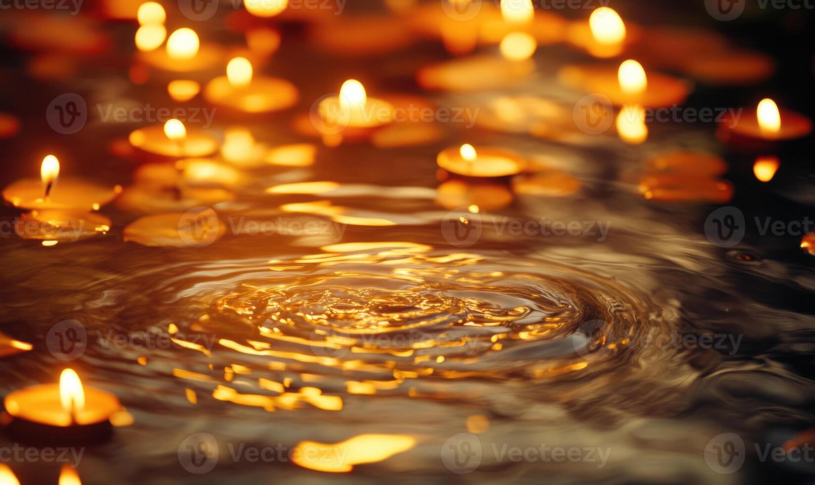 Cluster of floating candles on a still pond, soft ripples in the water photo