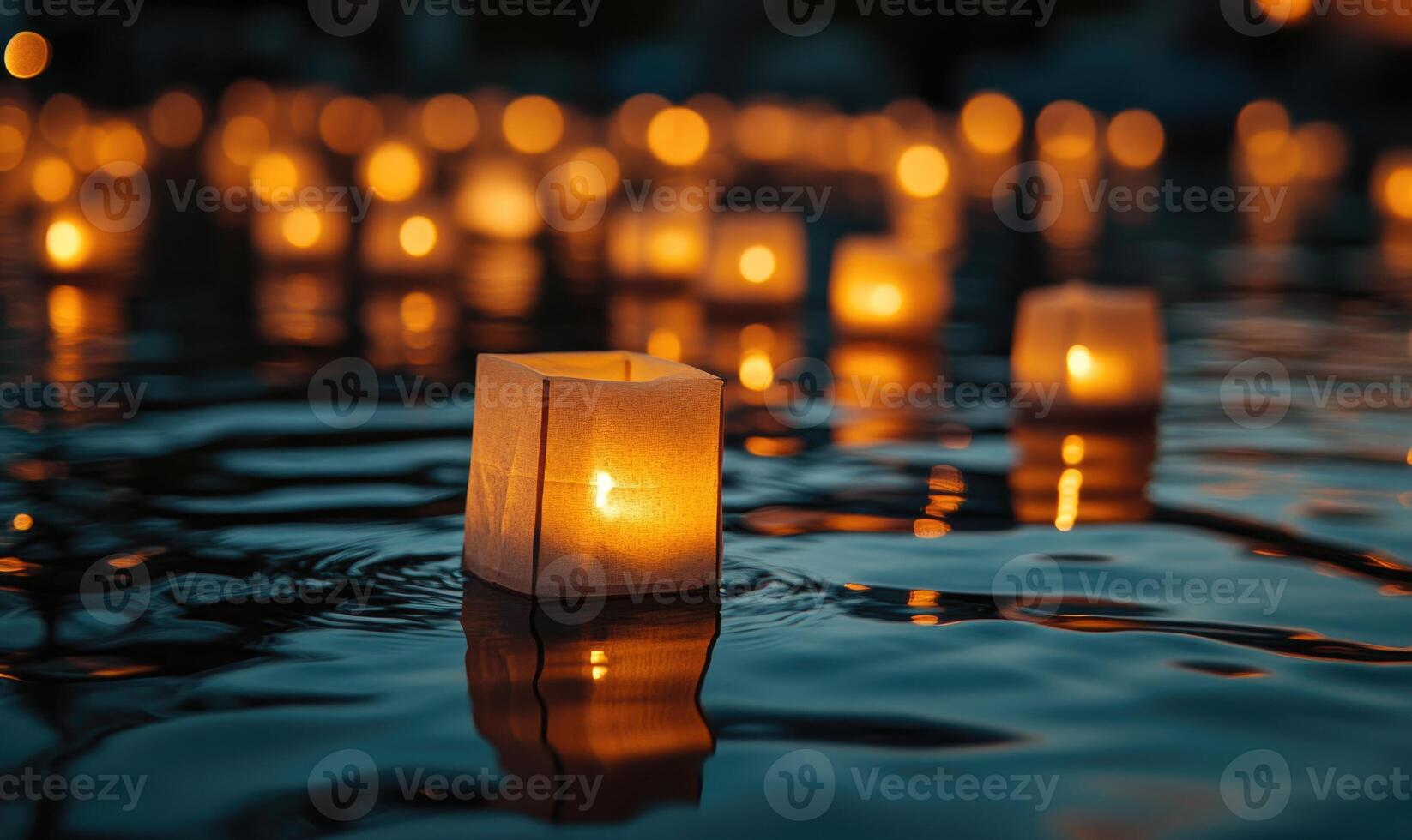 Cluster of floating lanterns glowing softly, warm light reflecting on rippling water photo