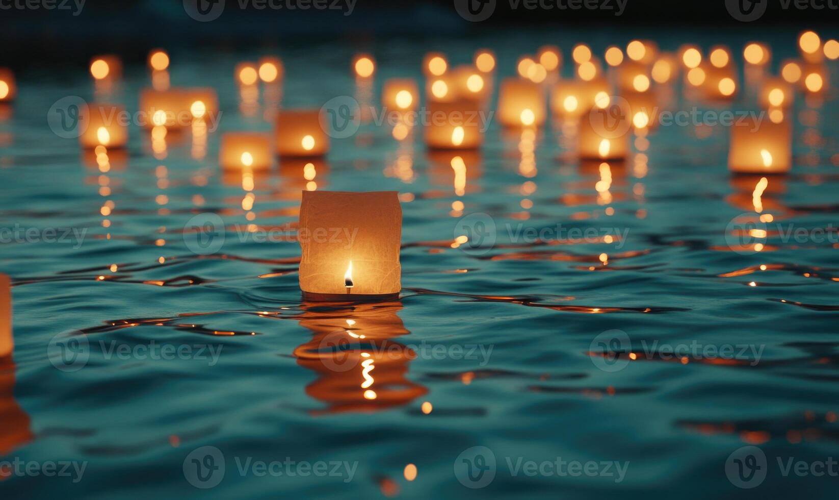 Cluster of floating lanterns glowing softly, warm light reflecting on rippling water photo