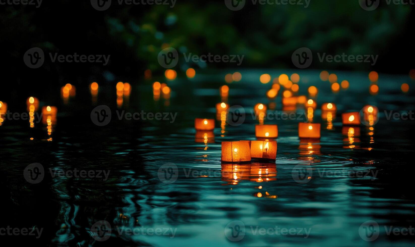 Cluster of floating lanterns glowing softly, warm light reflecting on rippling water photo