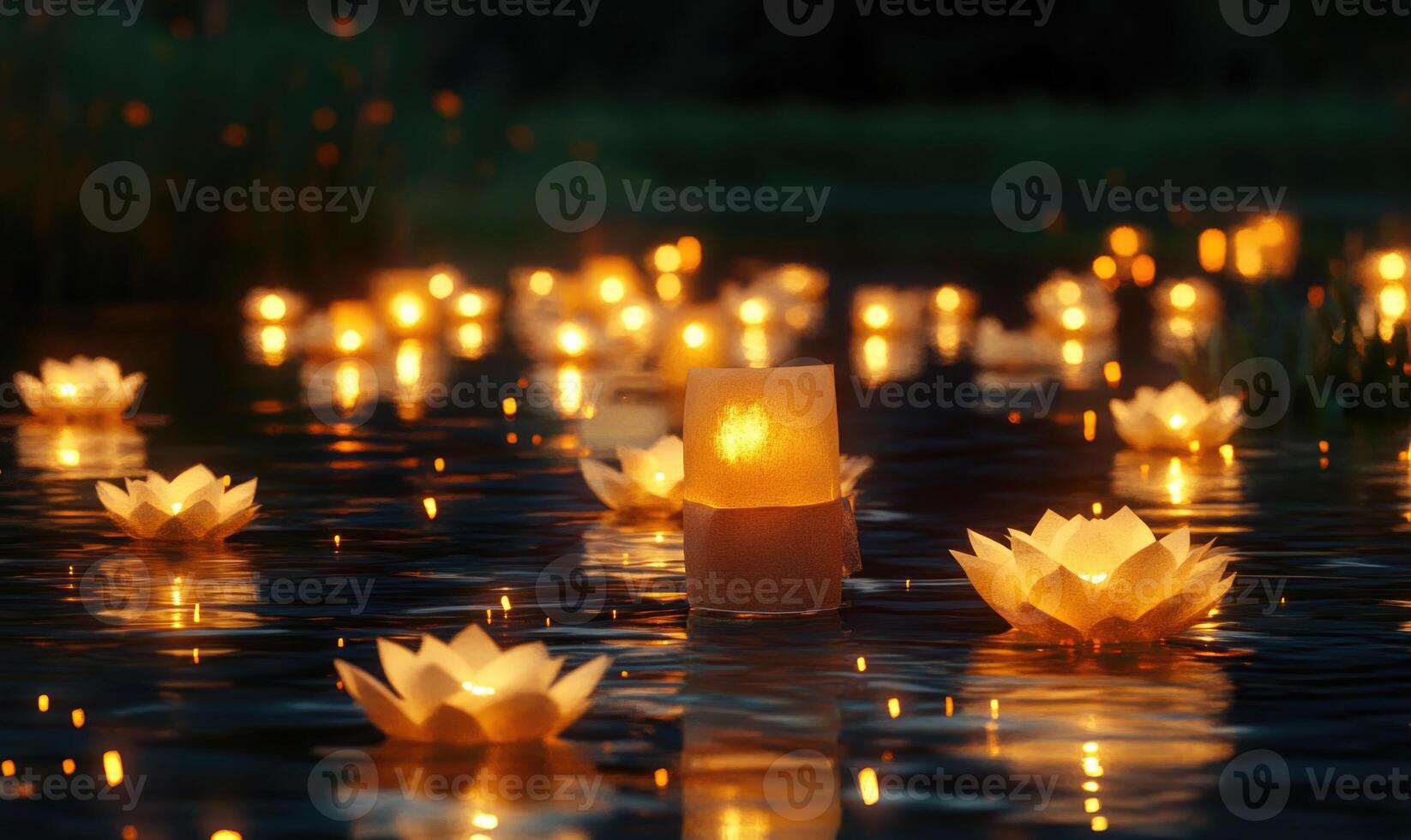 Cluster of glowing lanterns drifting on a still pond, soft golden light illuminating the scene photo
