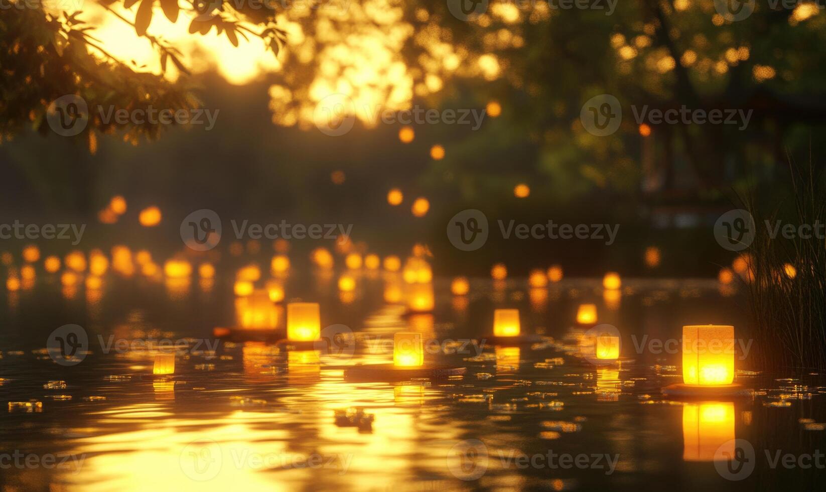 Cluster of glowing lanterns drifting on a still pond, soft golden light illuminating the scene photo