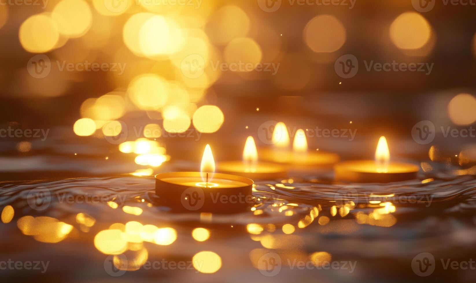 Cluster of glowing lanterns drifting on a still pond, soft golden light illuminating the scene photo