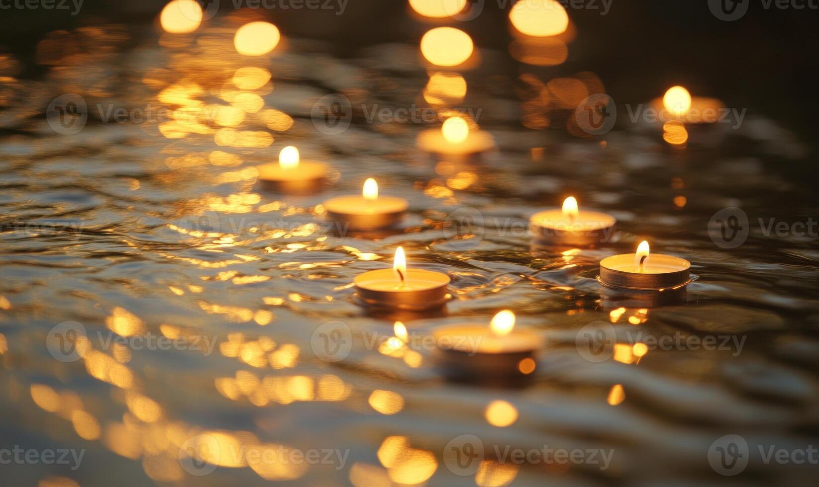 Cluster of glowing lanterns drifting on a still pond, soft golden light illuminating the scene photo