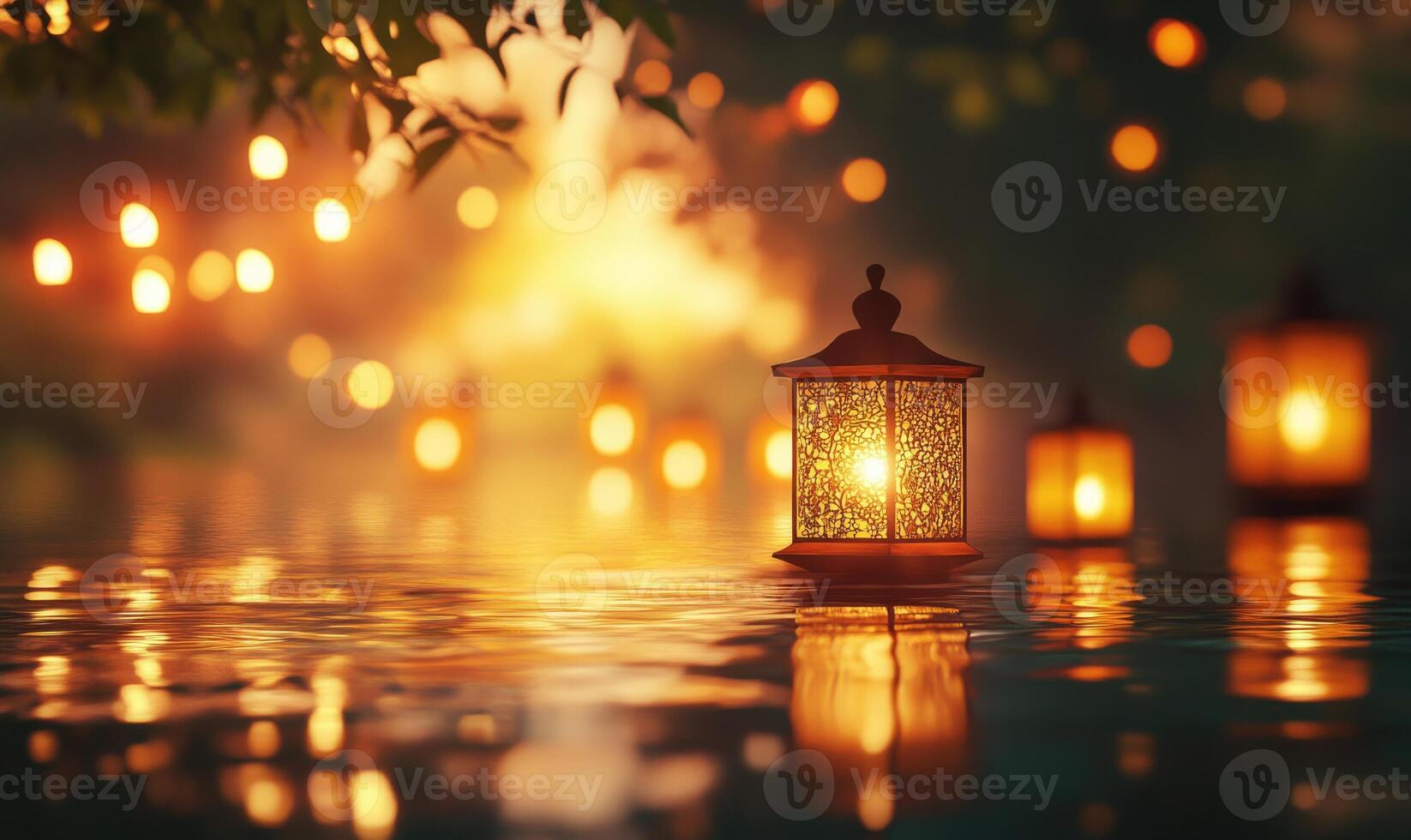 Cluster of small candles floating on rippling water, golden light reflecting softly in the scene photo