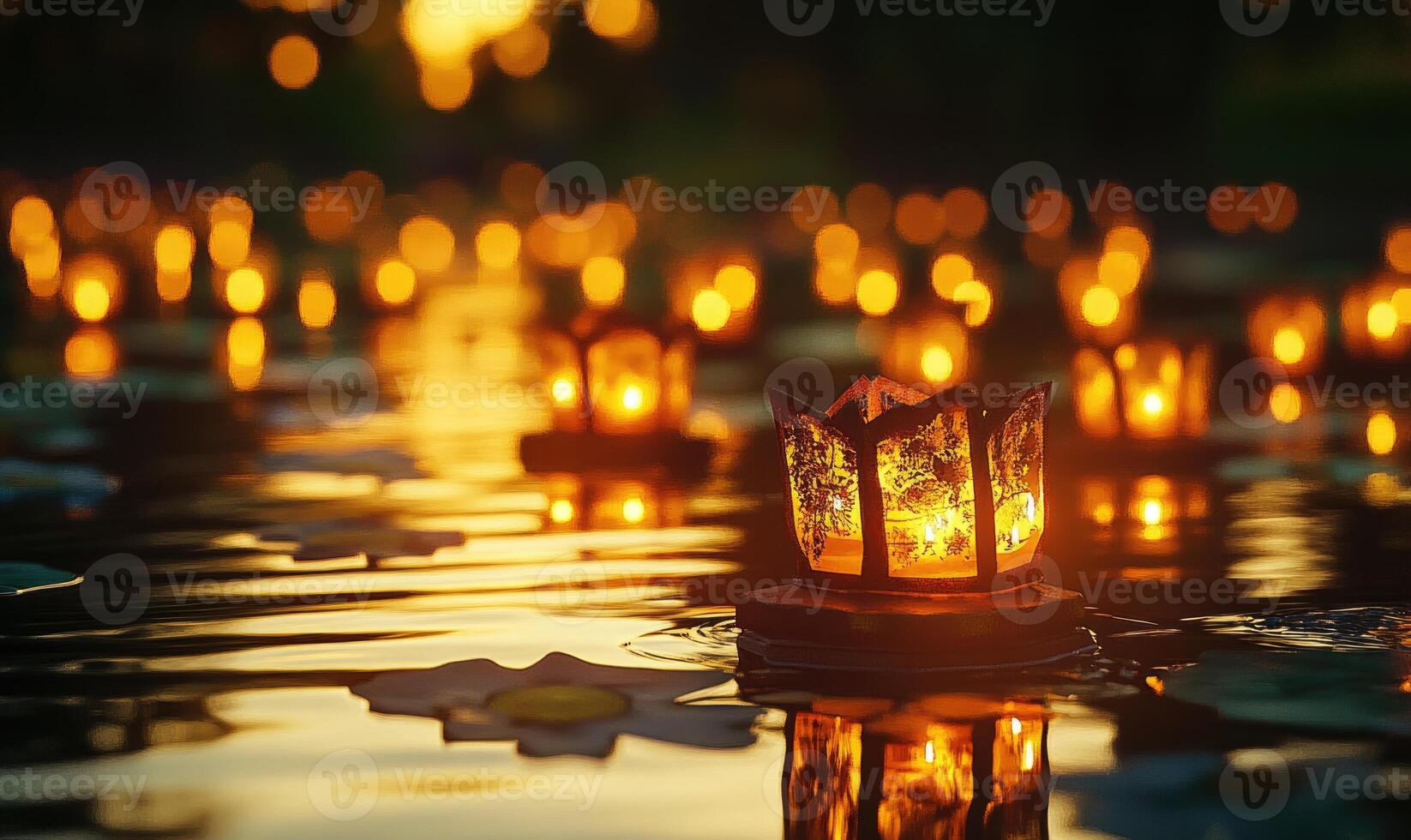 Cluster of small glowing lanterns on still water, golden reflections shimmering softly photo