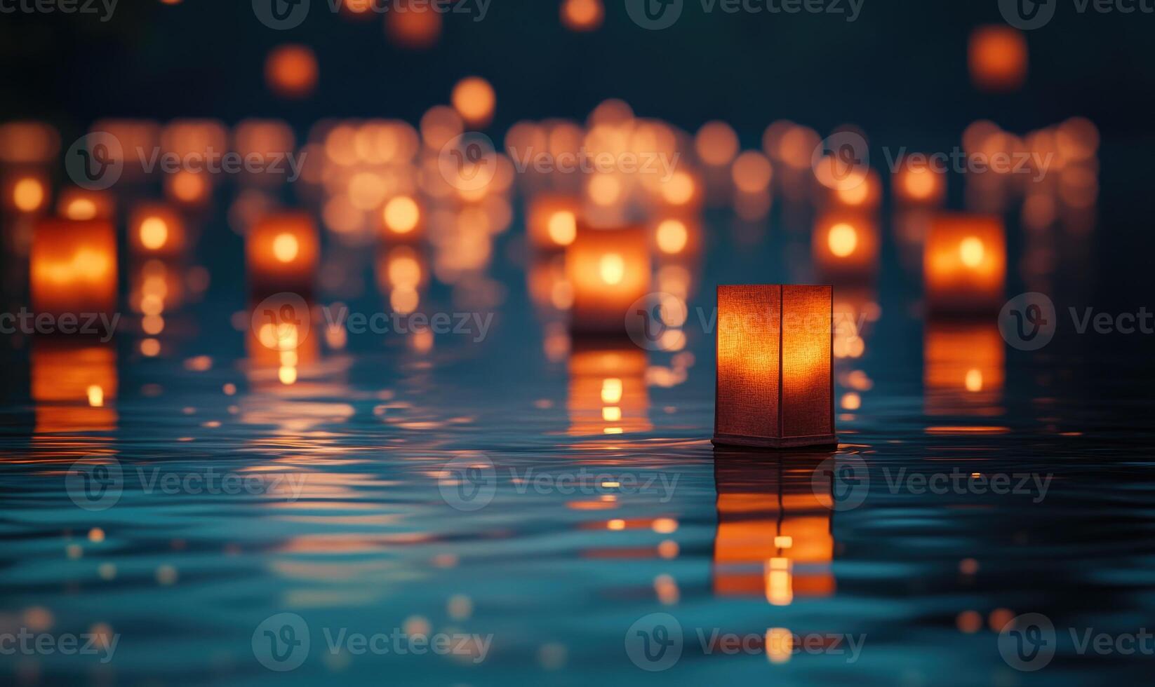 Cluster of small glowing lanterns on still water, golden reflections shimmering softly photo
