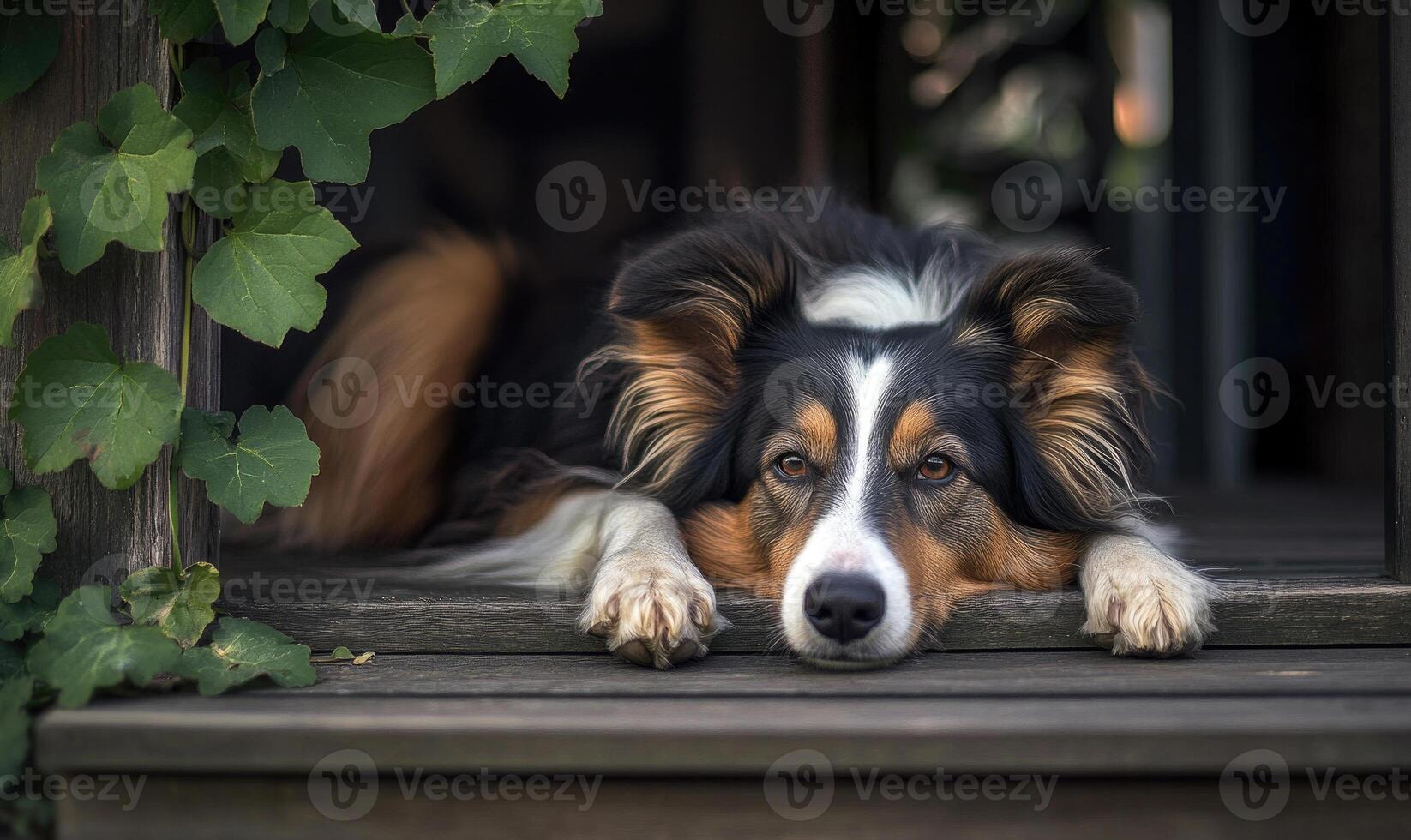 Collie lying on a wooden porch, countryside setting, ivy climbing the walls photo
