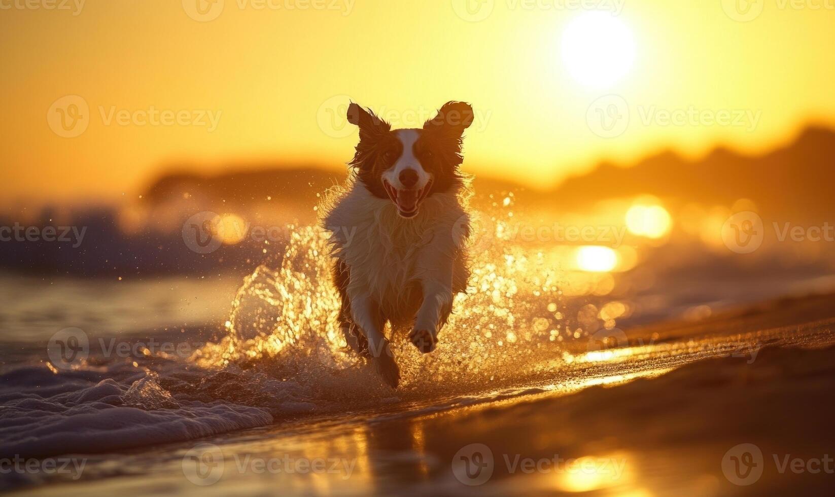 Collie running along a beach at sunset, waves crashing photo