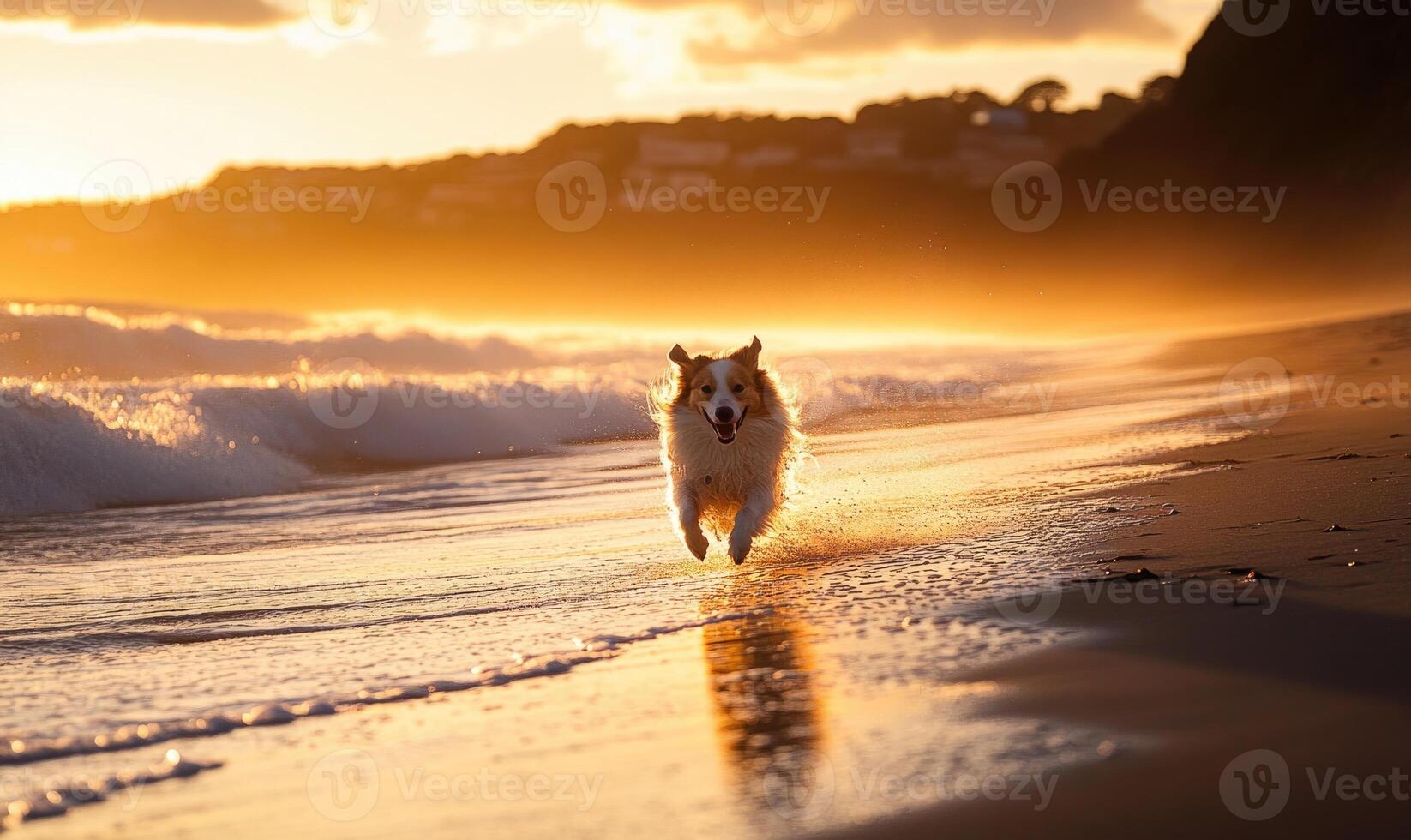 Collie running along a beach at sunset, waves crashing photo