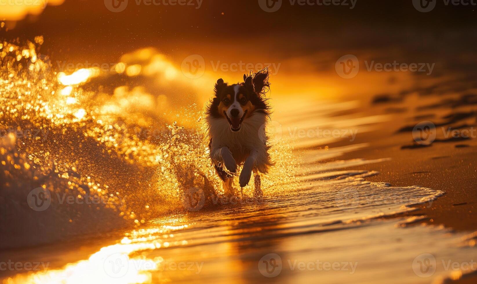 Collie running along a beach at sunset, waves crashing photo