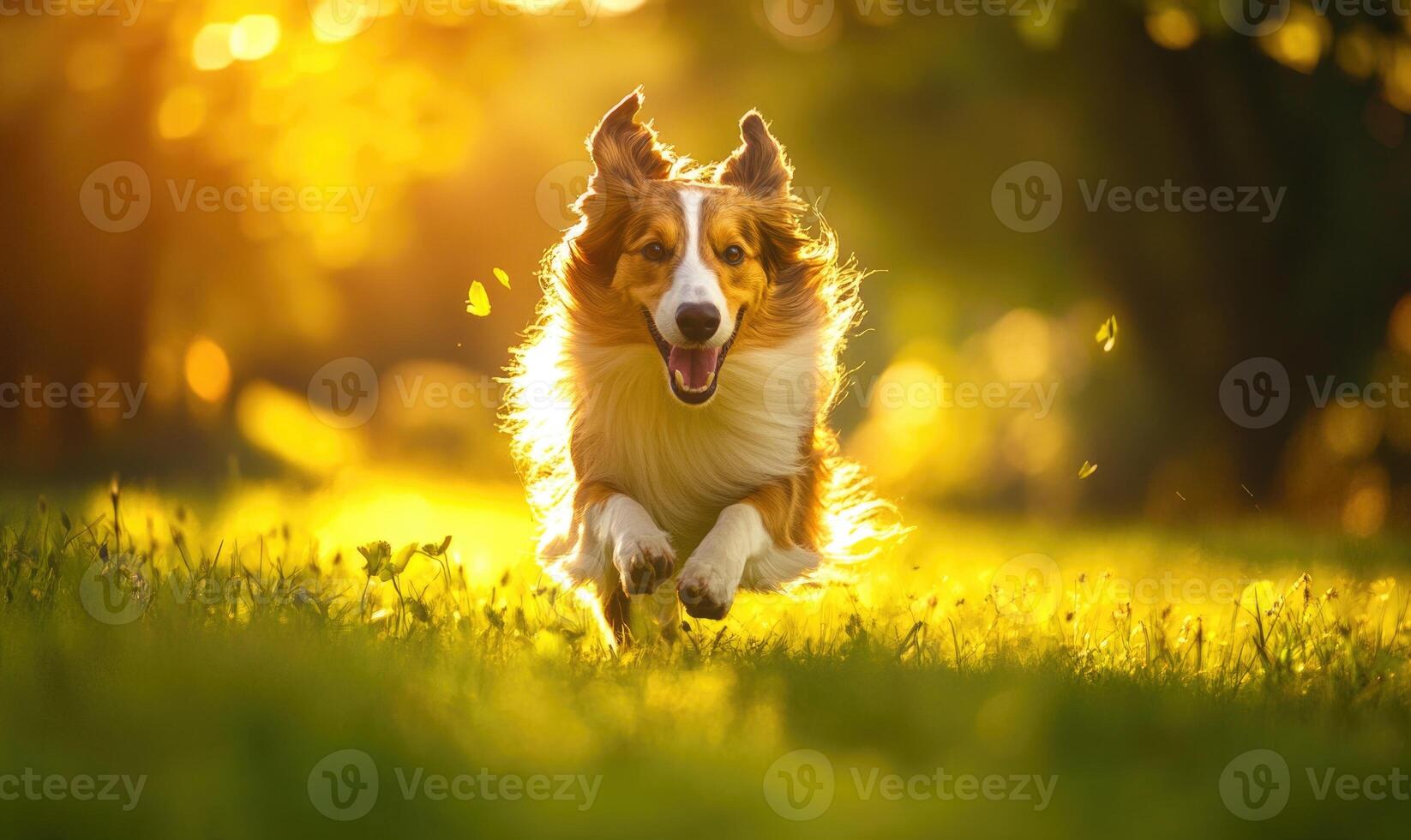 Collie running through a meadow, vibrant green grass photo