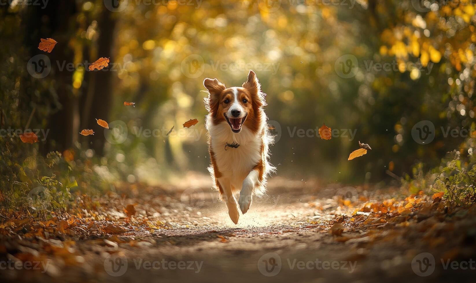 Collie running along a dirt path in the woods, autumn leaves swirling photo