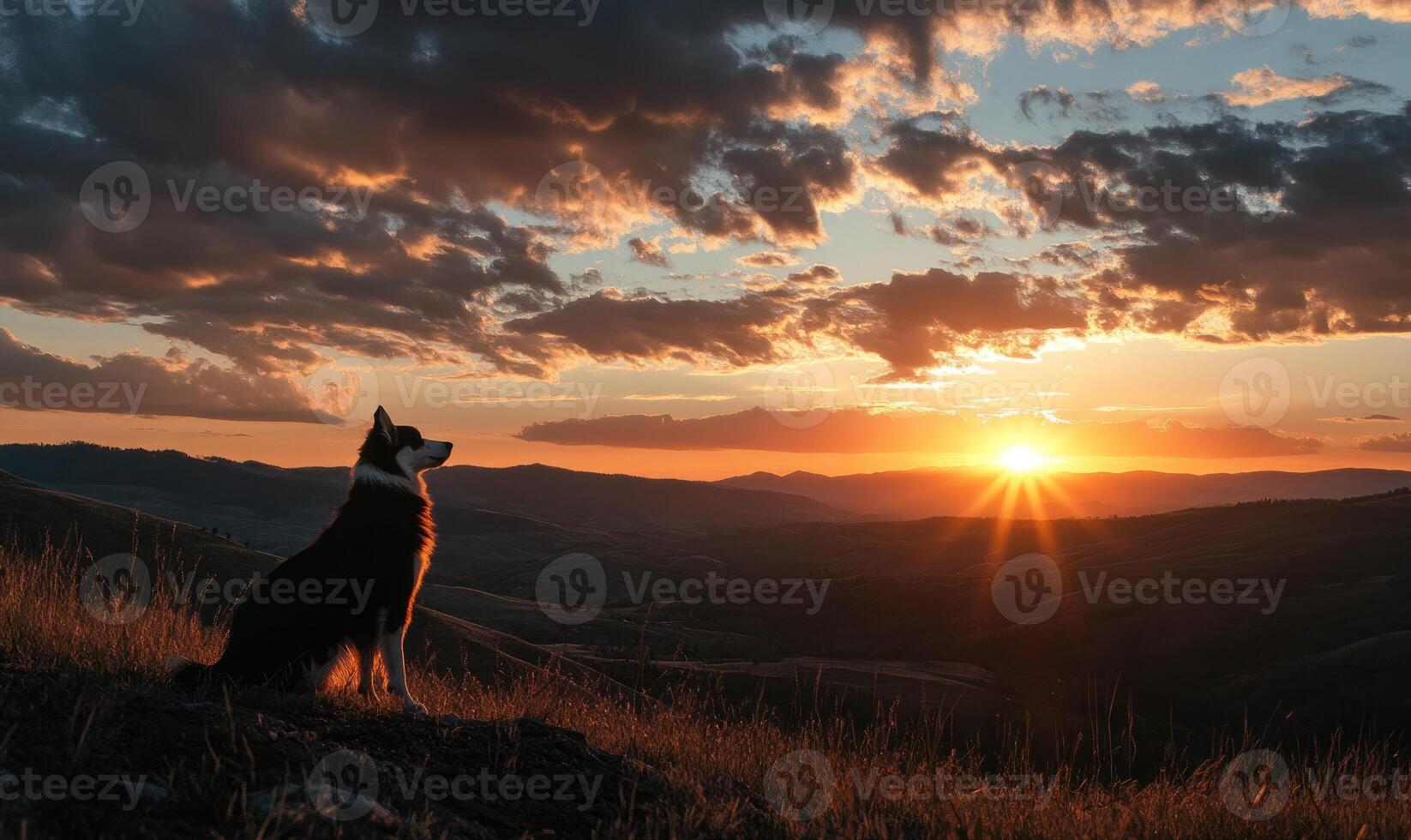 Collie standing on a hilltop, overlooking a valley at sunrise photo