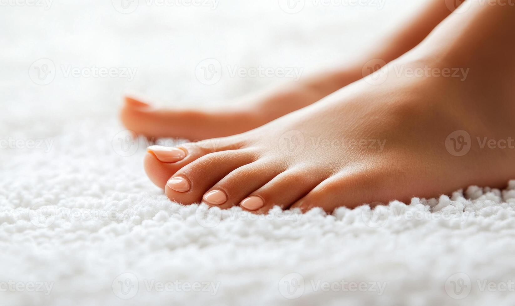 Feet close-up, neutral white background, soft shadows, beauty and health care photo