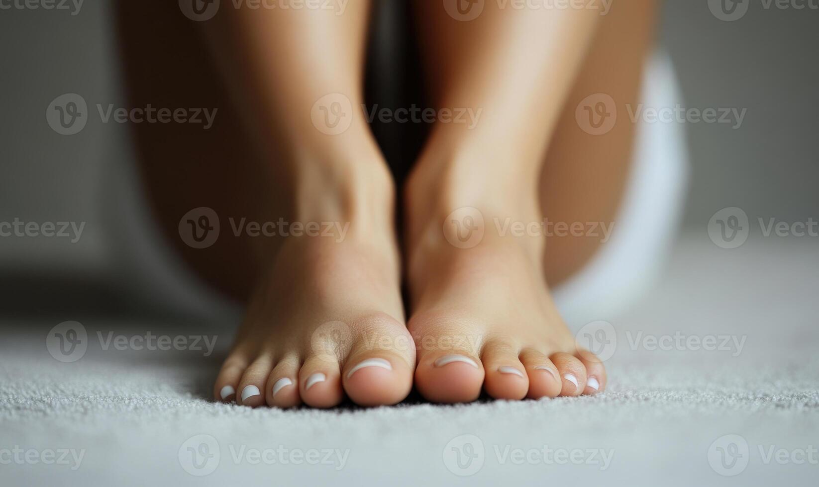 Feet close-up, neutral white background, soft shadows, beauty and health care photo