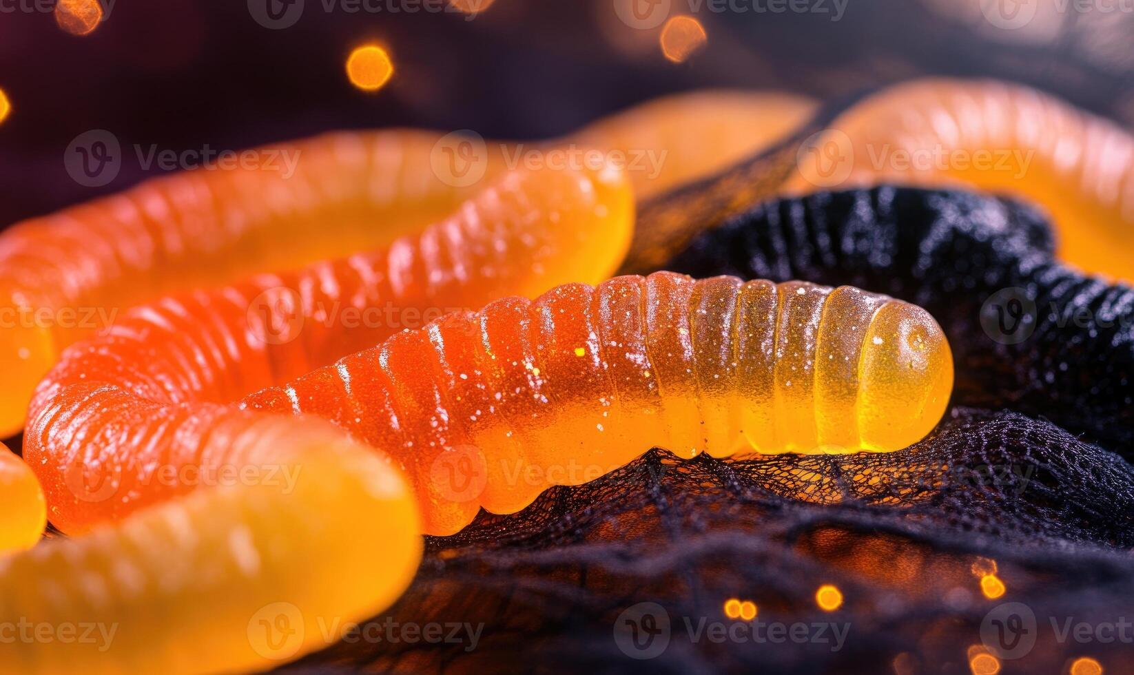 Close-up of gummy worms in bright orange and black photo
