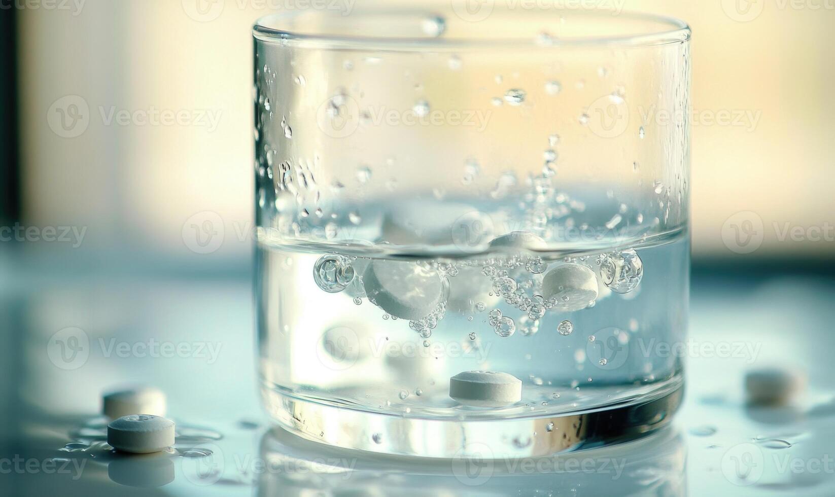 Close-up of dissolving tablet in water, effervescent bubbles forming photo