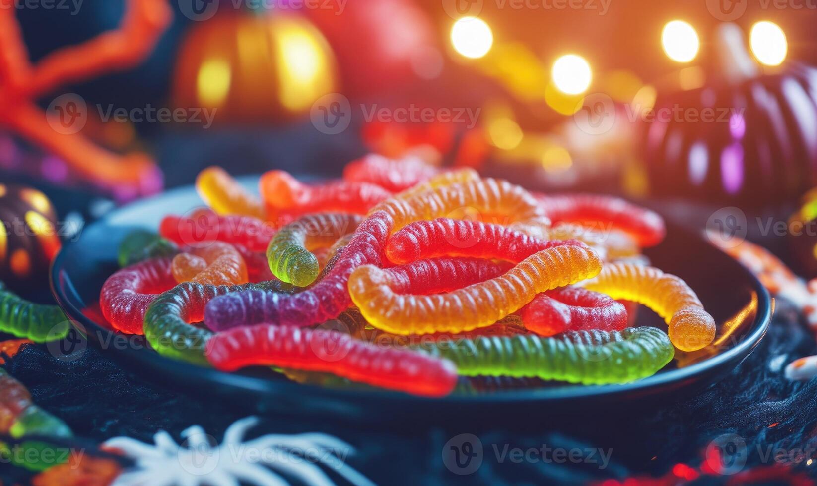Close-up of gummy worms in bright Halloween colors photo