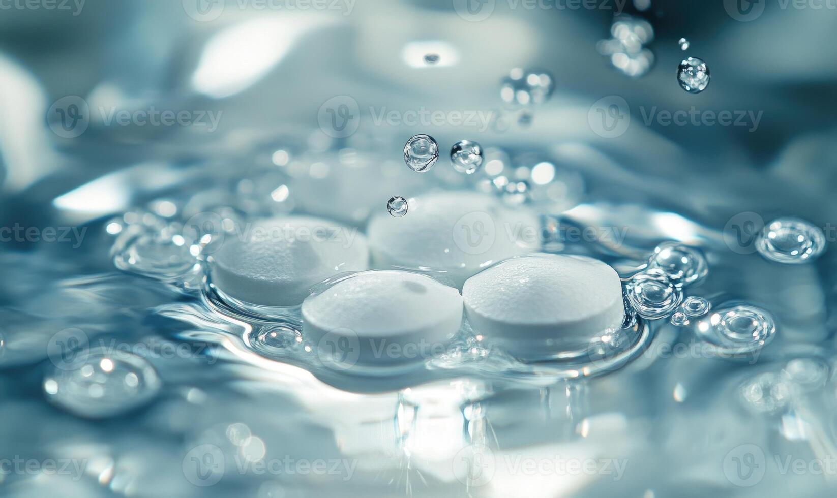 Close-up of dissolving tablet in water, effervescent bubbles forming photo