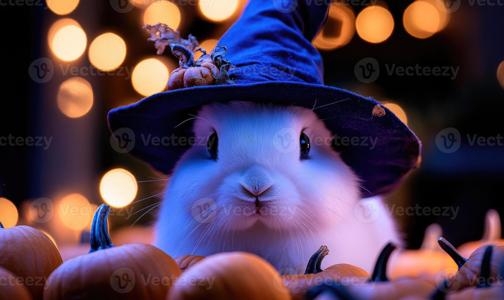 Close-up of a white rabbit in a black pointed hat, soft Halloween decorations around photo