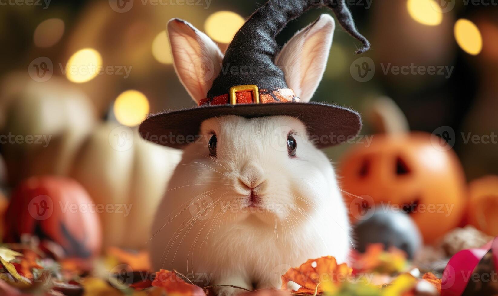 Close-up of a white rabbit in a black pointed hat, soft Halloween decorations around photo