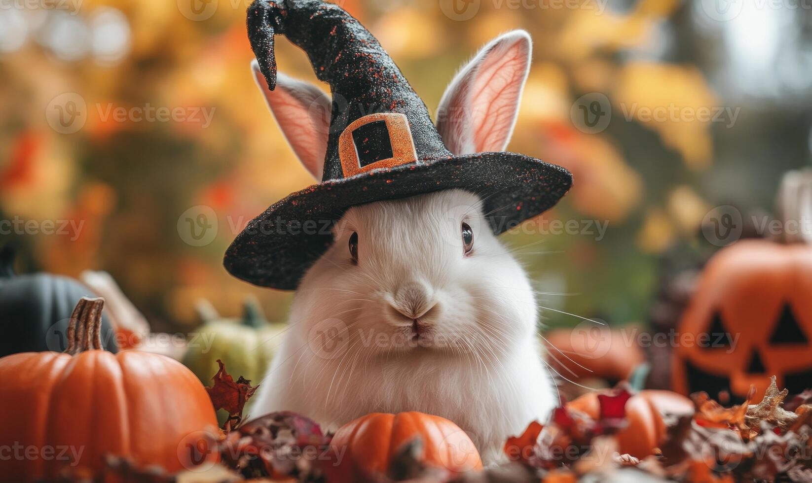 Close-up of a white rabbit in a black pointed hat, soft Halloween decorations around photo