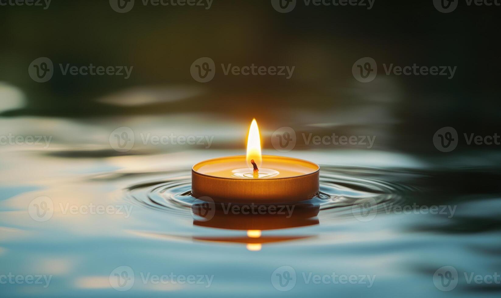 Close-up of a single candle with a flickering flame, floating on calm water photo