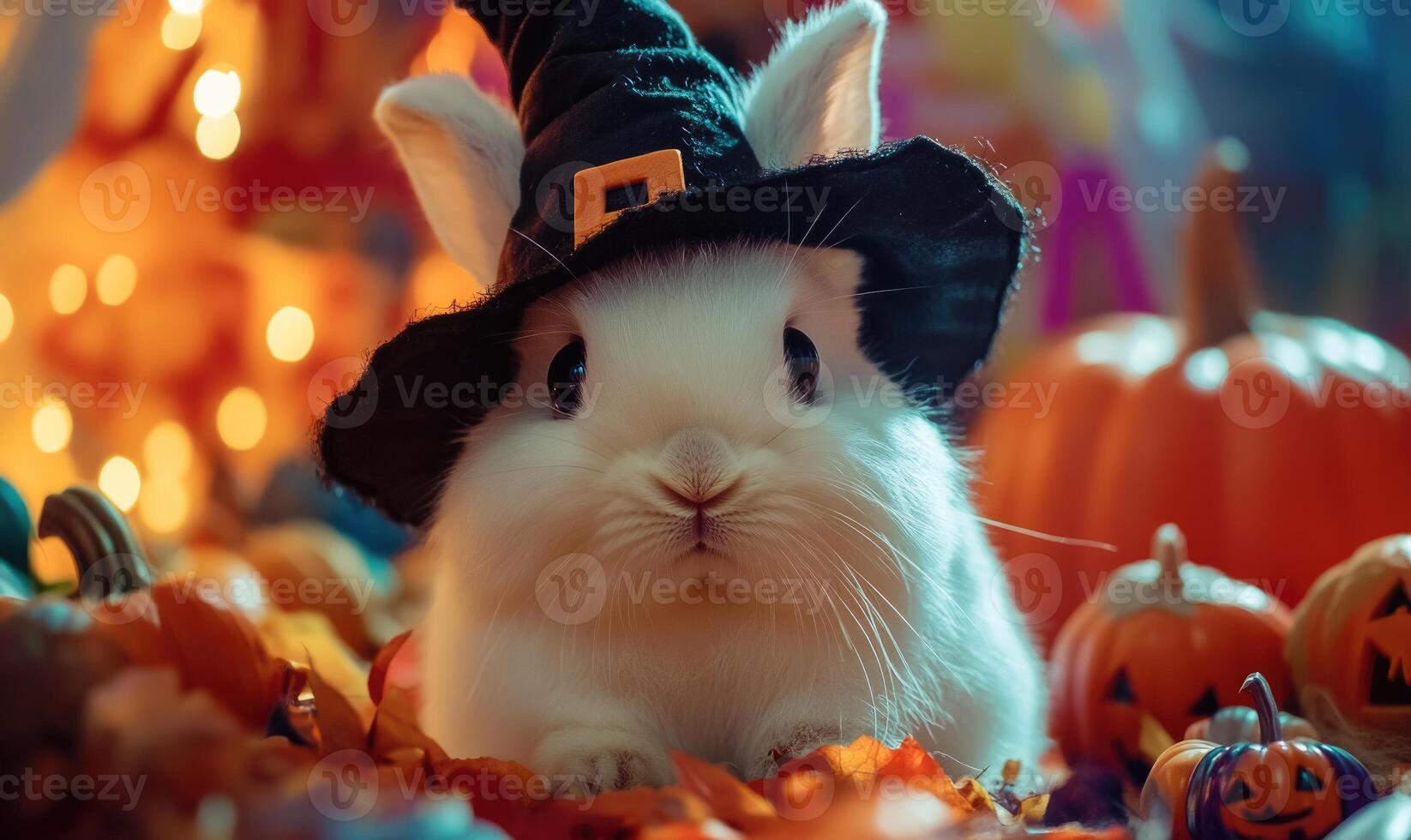 Close-up of a white rabbit in a black pointed hat, soft Halloween decorations around photo