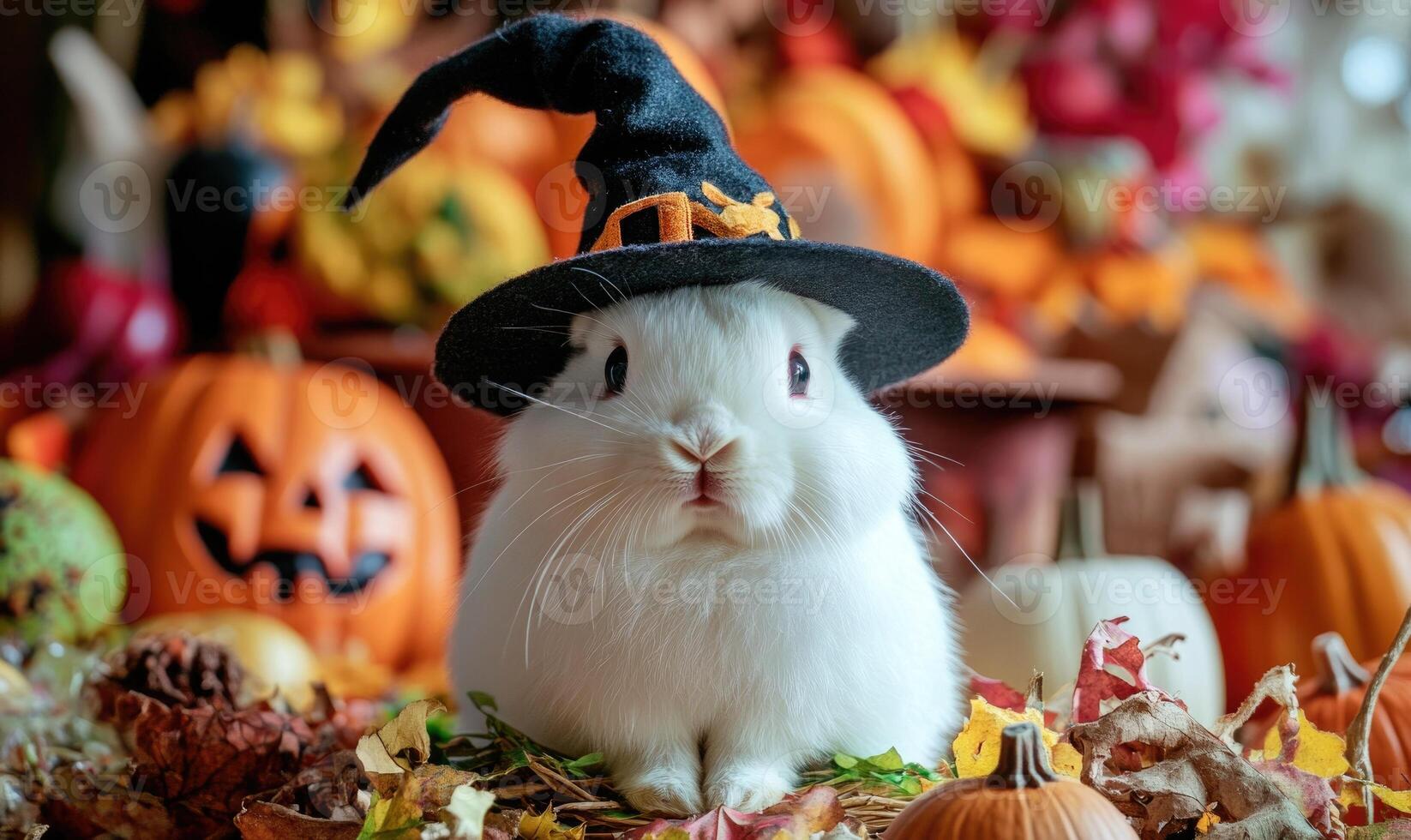 Close-up of a white rabbit in a black pointed hat, soft Halloween decorations around photo