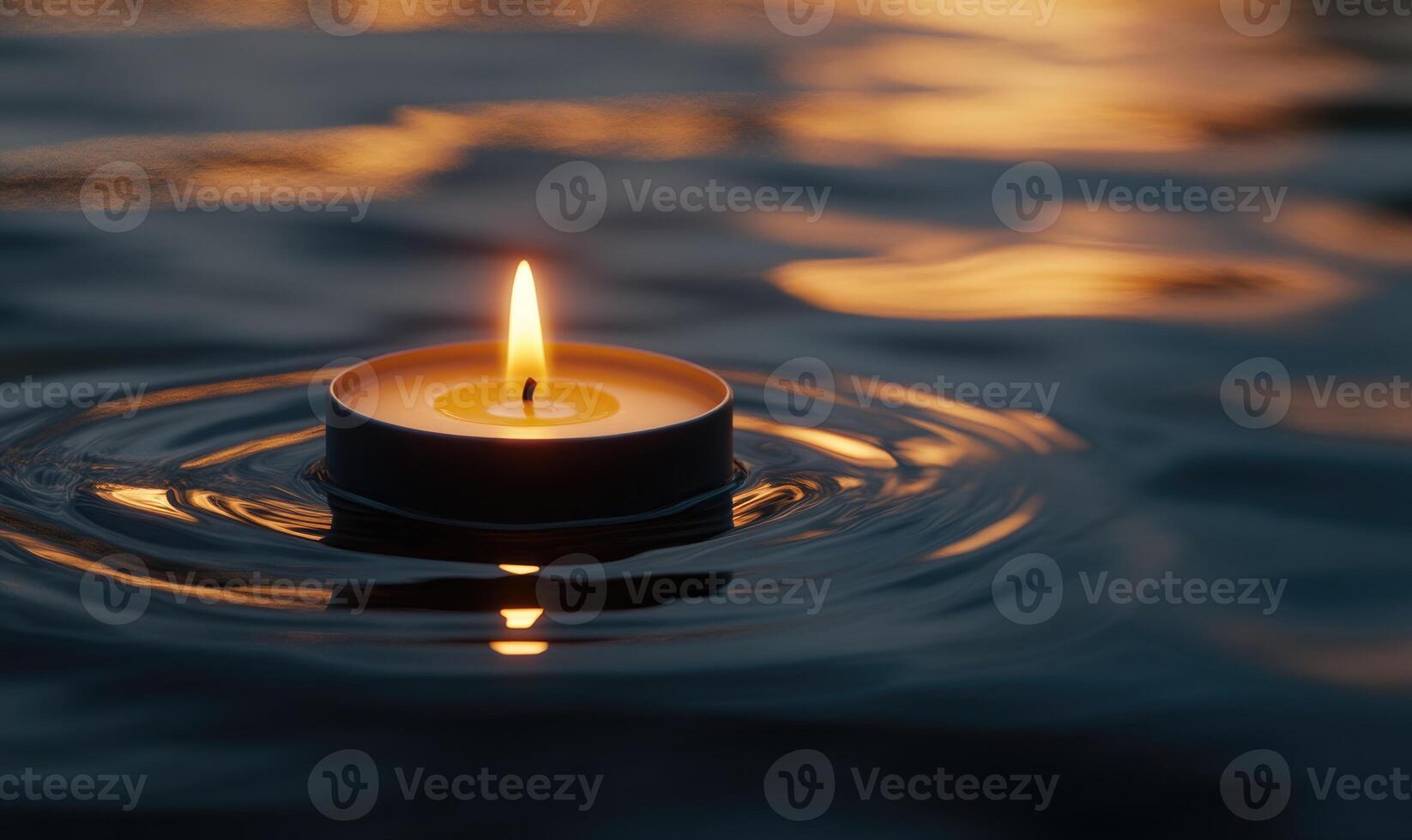 Close-up of a single candle with a flickering flame, floating on calm water photo