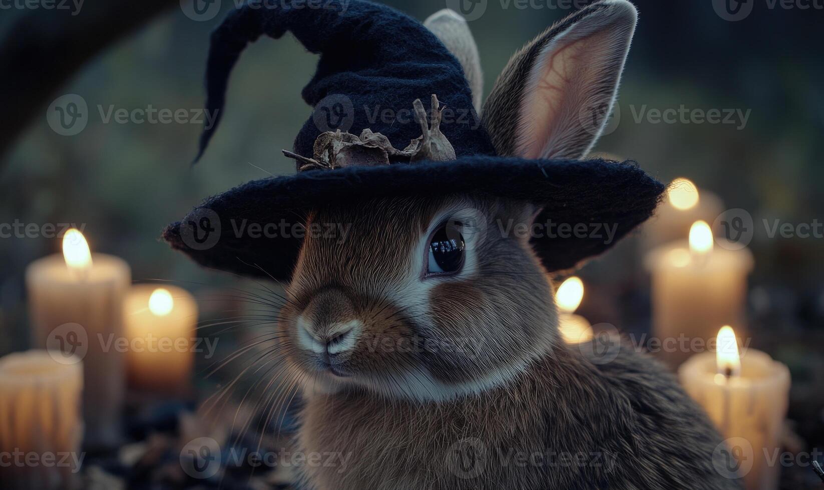 Close-up of a rabbit wearing a crooked black hat, with a backdrop of eerie candles photo