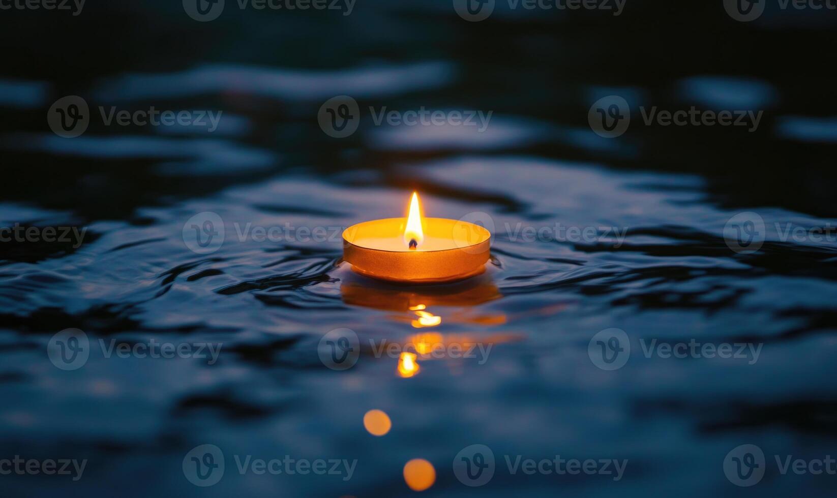 Close-up of a small floating candle on calm water, soft golden glow photo