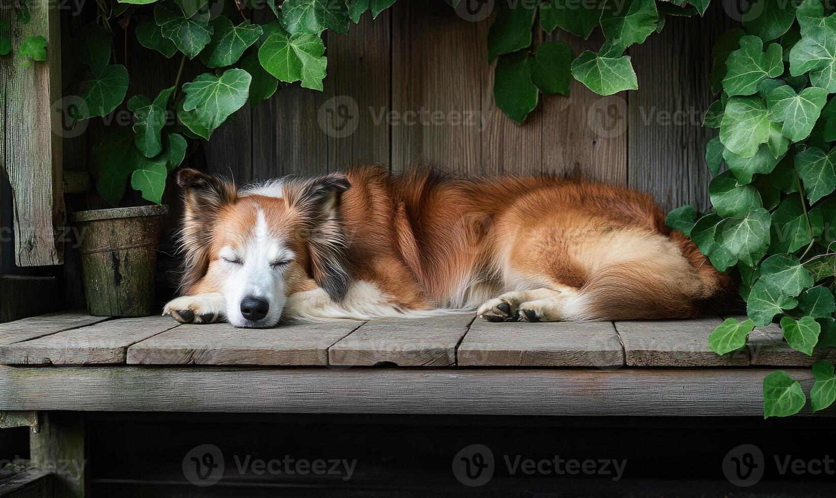 Collie lying on a wooden porch, countryside setting, ivy climbing the walls photo