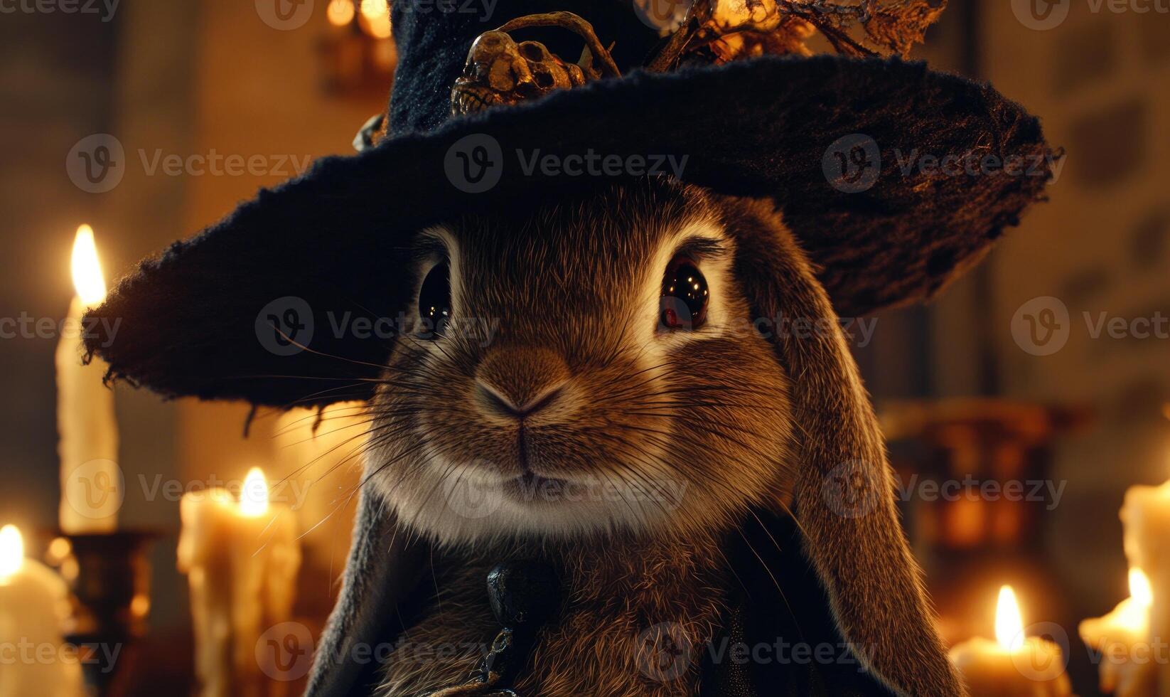 Close-up of a rabbit wearing a crooked black hat, with a backdrop of eerie candles photo