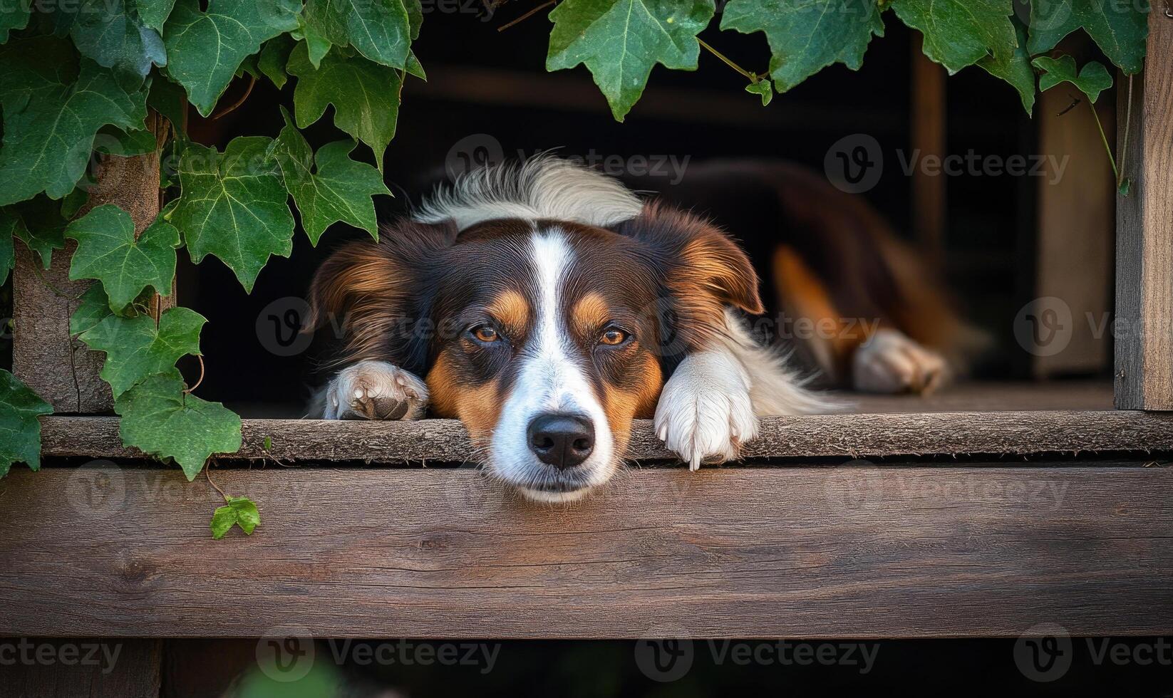 Collie lying on a wooden porch, countryside setting, ivy climbing the walls photo